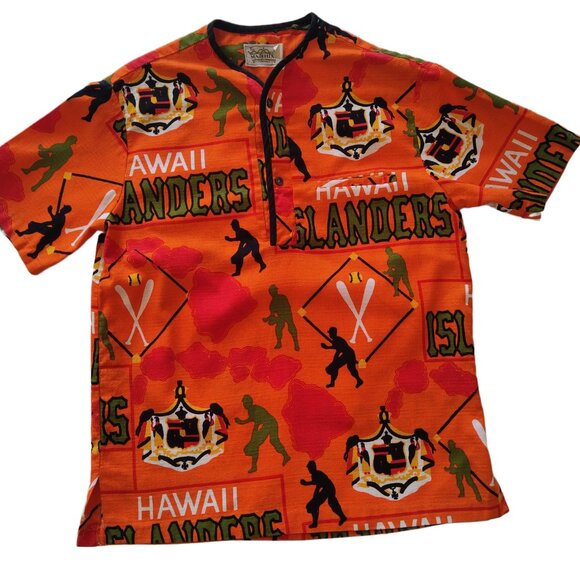 Vintage Malihini Orange Barkcloth Men's Hawaii Islanders Baseball Shirt Small - Picture 1 of 5